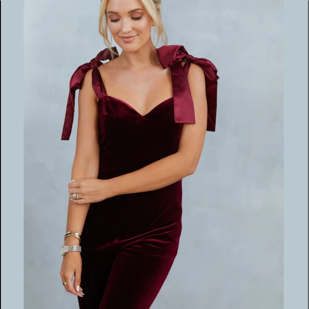 Logan burgundy velvet jumpsuit from Vici Collection x Emily Collection!